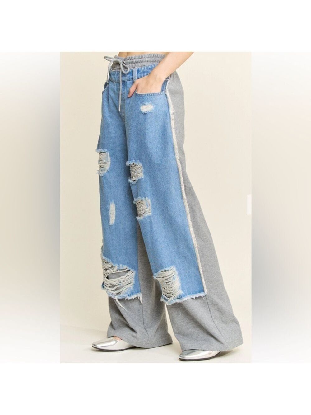 Distressed Two-Tone Wide Leg Jeans with Knit Side Panels - Light Blue - Picture 3 of 4